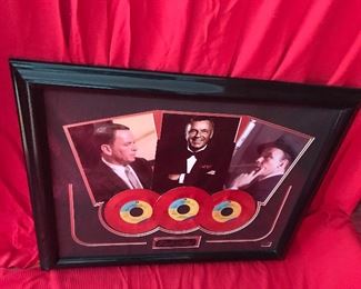 $375 Frank Sinatra Collage
Measures 32” Wide x 26” High
#18/250
3 photos of Frank Sinatra 
3 gold plated records: "My Kind of Town"   "New York, New York" 
"Strangers in the Night".  Records are gold color, in photo they are not showing properly
Comes with Certificate of Authenticity
