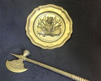 $100 For Set
Mid-Century Decorative Medieval Metal Wall Hanging & Hatchet
Wall Hanging 12 ¾” Diameter
Hatchet 20” Long