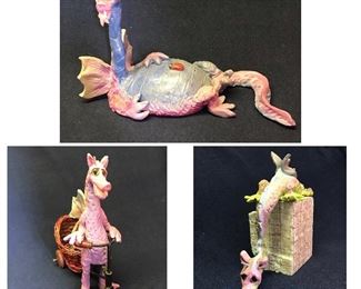 Original Dragon Sculptures by Beth Phillips
#1 Dragon on Wall (Wall is Styrofoam) $25
#2 Dragon Lounging $25
#3 Dragon on Bicycle w/Basket $25
These pieces were purchases in 2002. They are by an artist by the name of Beth Phillips and she hand sculpts and paints each one so each one is different. They are sculpted out of an air hardening terra-cotta clay and then hand painted.