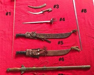 Swords/Daggers – Prices Vary
Email for more specifics – Could not fit all the information
#1 Fencing Sword $50 (43” Long)
#2 Curved Blade Dagger Accented Silver Sheath $100 (13 ¾” Long)
#3 Curved Blade Dagger w/Wooden Handle & Sheath $40 (14” Long)
#4 Spanish Cup Rapier Sword $75 (19” Long)
#5 Machete w/Decorative Leather Sheath $50 (29” Long)
#6 Machete w/Decorative Leather Sheath $50 (27 Long)
#7 Wooden Display Sword $40 (40 ¾” Long)
#8 Spanish Medieval Sword $150 (38 ½” Long)