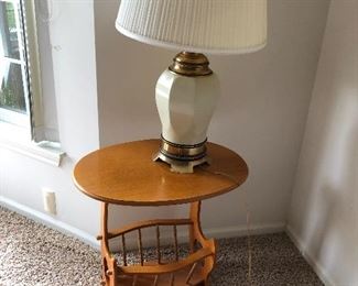 Side Table with bottom magazine rack 16"D X22.5W x 22" T $14 OBO and Lamp $10