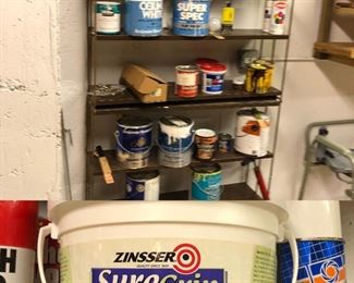 Shelf of paint, thinners, stain, $20 OBO