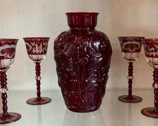 Set of 4 Bohemian Goblets - $75.    Red Glass Vase Oriental Motif - $85
