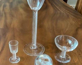 Steuben Glass ‘Air Twist 8 - Cordials - $575., 11 - Saucer Champagnes - $800,  1 Ceremonial Goblet - $275, Steuben Paperweight - $150