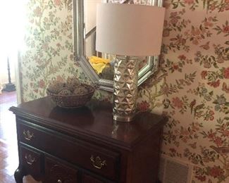 bow legged hall table with tin-foil hat