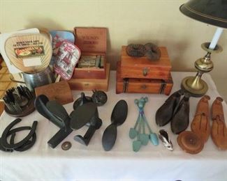 Shoe lasts and stretchers, wooden boxes, leather punch