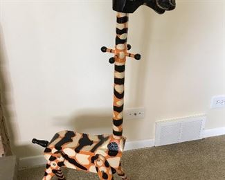 $40, wooden giraffe coat hanger/bank. 42” tall, slight paint chipping. 