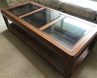 $90, wood and glass coffee table, 56”x24”x16”