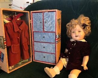 Shirley Temple Doll with a travel case and rollerskates.  Doll, trunk, roller skates, and all clothes with hangers. (1 of 2 pictures):  $140 for ALL