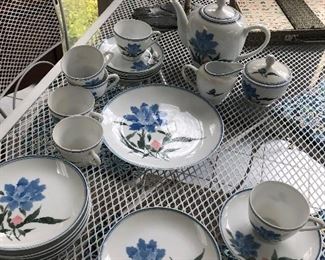 Tea Set from China:  Hand-painted under the glaze - teapot, cups with saucers, and small plates - set of 6 cups and plates (1 of 2 pictures) - $70 NOW ONLY $35