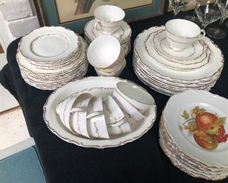 Royal Doulton Fine Bone China:  Richelieu (8 + place settings:  dinner plate, salad plate, bread plate, cup and saucer) additional plates also included.  ALSO included: Vegetable bowl, and platter:  NOW ONLY $250  Also shown dessert plates - German Bavarian bone china (8 plates = NOW ONLY $30