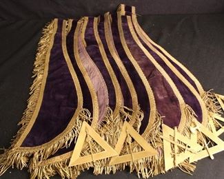Group Odd Fellows Gilt Fringed Purple Collars with attached regalia