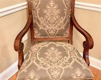 Ethan Allen Addison Arm Chair with woven damask upholstery.  2 arm chairs and 8 dining chairs available. Dimensions 26" x 26" x 41".                                    ARMCHAIR PRICE $350 EACH.  (Retail $688 ea) 
