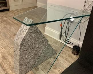 Granite and Glass Geometric side table.  Matching coffee table (pictured separately)  available.   Dimensions: 26" D x 24" W x 21 1/2" H.                     PRICE: 2 PCS $400