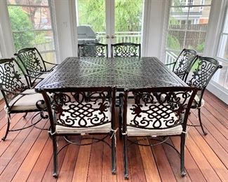 Great Gatherings "Apollo" Dining Collection.  64" square Tuscan Dining Table and 8 side chairs.  Powder coat cast aluminum.  Sunbrella seat cushions. Top quality. PRICE: $2695.