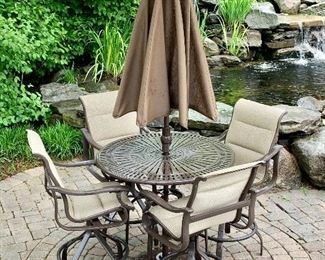 Tropitone Round Dining 43" Cafe Table, 4 padded sling swivel barstools and Umbrella & Stand.  Made in the USA.      PRICE: $2395 
