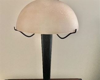 Metal and frosted lass table lamp.  28" tall, 13" wide.  $95. One available.