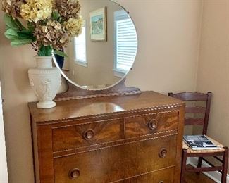 Vintage Art Deco style low dresser with mirror. 44.5" wide; 19.5" deep; 35.5" tall without mirror.  67.5" tall with mirror.  All drawers work smoothly.  Good condition.  PRICE: $295