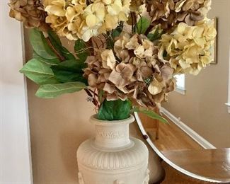 Austin Garden Greek resin vase.  Restoration Hardware Silk Hydrangeas.    Vase 15" tall without flowers.                                                                                                    PRICE: $50 vase and flowers