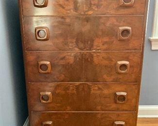Vintage Art Deco style 5 drawer walnut dresser. Dimensions 32w x 18d x 50.5h.  .  Drawers work smoothly.                                                                                        PRICE: $295