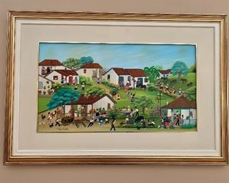Original framed folk art.  Pilar Cortez (Columbian) Signed lower left. 38" wide and 26" tall.  Framed and double matted.  No glass.                                                      PRICE: $395