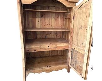 Pine Armoire interior.  Two adjustable shelves, drawer.  Hole drilled for electronics.