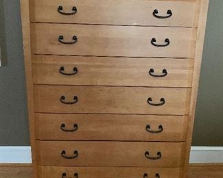 Shermag (made in Canada) natural maple 7 drawer "high boy" dresser.  Dimensions: 45.5w x 22d x 58.5h.       PRICE:  $395