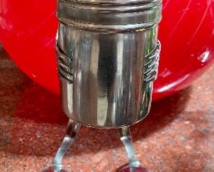 Fanciful Sugar Shaker with spoon feet and head, vintage strawberry salt and pepper shakers, and another set of enamelled salt and pepper shakers: $18