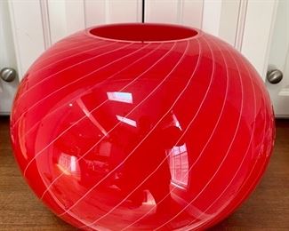 Item 40:  Heavy Giant Red Circular Vase with White Stripes (Made in Italy) - 5.5 x 10: $38