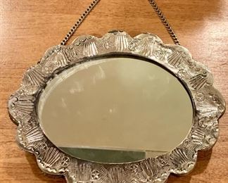 Item 61:  Egyptian 900 Silver Repousse Sunflower Mirror on Chain  - 6.5 x 5: $95