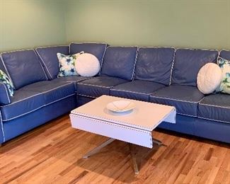 Item 80: Blue Leather Creations Sofa – 139 x 31 x 91.5 Down Cushions, Apple Bun Feet - Natural, Welt in White, Arm Pillows in Blue & Welt in Elmosoft White - this is a luxurious sectional! We have one "extra" slipper section for the set as well: $1950
