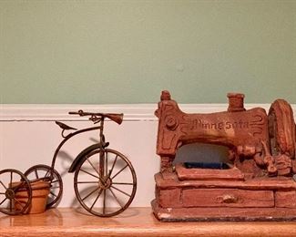 Small decorative planters, bicycle and sewing machine: $18 UPDATE! SEWING MACHINE PLANTER IS SOLD.