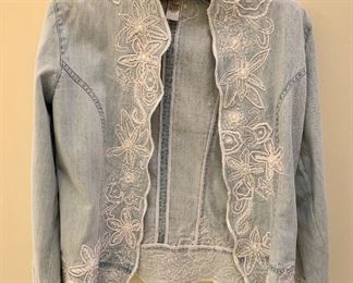 Chicos light dungaree jacket with lace applique- size small: $12