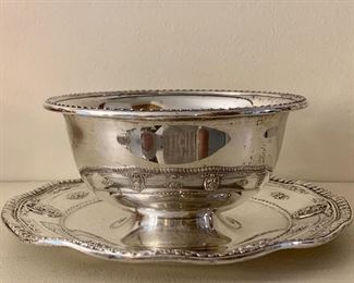 Item 103: Wallace Sterling Silver Sauce Bowl with Attached Underplate in Rose Point Pattern, appx. 7.5 x 3.5" Plate: $175
