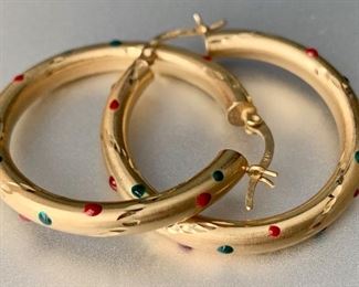 Item 121: 14K Gold Hoops with Red and Green Enameled Spots: $150