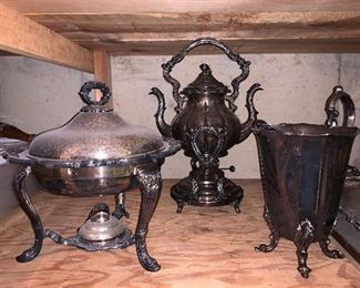 Silver-plated chafing dish, tilt tea pot and pitcher in good condition - needs a good polish!  $50 