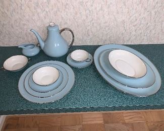 Gladding McBean & Co. "Dawn" plate set, coffee pot, sugar and creamer, 2 oval platters and vegetable bowl. Aqua color.