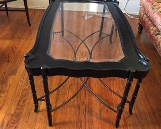 $200~Dark mahogany finish Coffee Table with beveled glass inlay and  metal base   