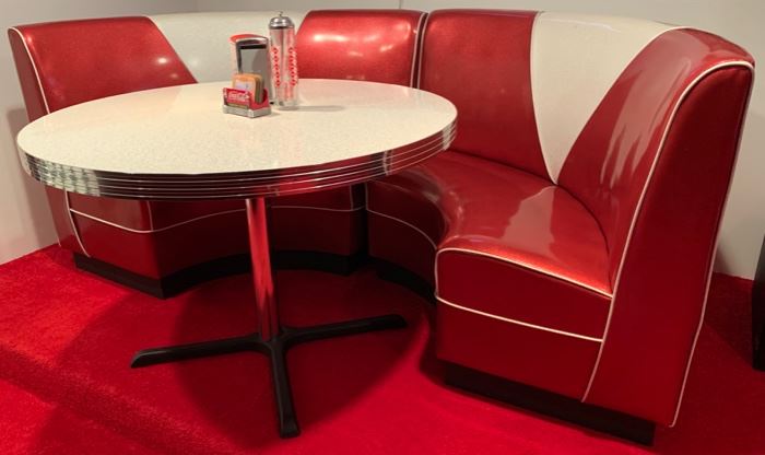 16. 2 Pc. Retro Semi Circle Banquette (92'' x 44'' x 38'') $ 1,200.00
17. Retro Formica Top Table w/ Chrome Pedestal Base (45'' x 31'') $ 200.00