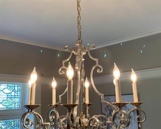 73. 8 Candle Pewter Chandelier w/ Brass Accents (30'' x 28'') $ 3,500.00