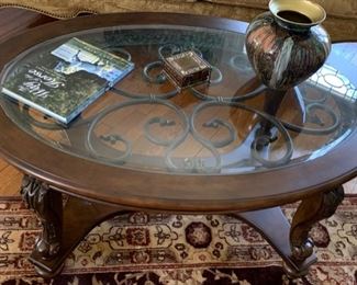 95. Carved Coffee Table w/ Glass Inset Top (48'' x 34'' x 20'')	 $ 450.00 