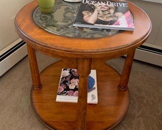 124. Round Side Table w/ Beveled Glass Top & Scroll Detail (26'' x 25'')	 $ 150.00 