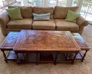 53. Theodore Alexander "Castle Bromwich Antique Wood by Hanel" Coffee Table (54'' x 32'' x 20'') w/ 2 Pullout Side Tables (20'' x 26'' x 18'')  	 $ 650.00 