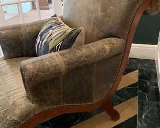 57. Drexel Heritage Distressed Leather Chair w/ Nailhead Detail (28'' x 42'' x 37'') & Ottoman (24'' x 28'' x 17'')	 $ 900.00 