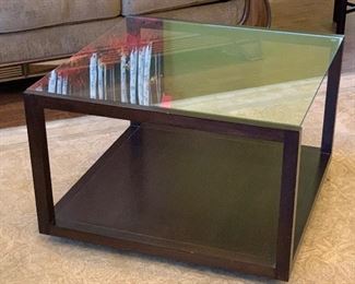 Contemporary Wood & Glass Rolling Coffee Table	19x30x30in	HxWxD
