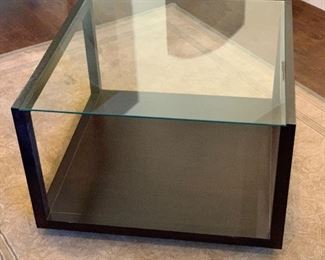 Contemporary Wood & Glass Rolling Coffee Table	19x30x30in	HxWxD