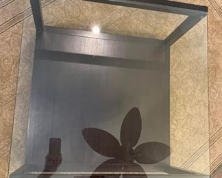 Contemporary Wood & Glass Rolling Coffee Table	19x30x30in	HxWxD