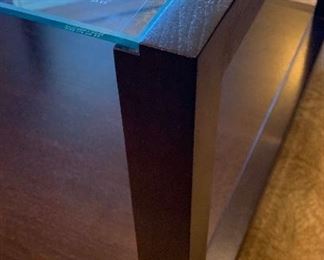 Contemporary Wood & Glass Rolling Coffee Table	19x30x30in	HxWxD