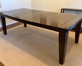 Espresso Rustic Dining Table w/ 8 Chairs	Table: 30x43x72-90in.  Chairs: 40x22x21in seat: 19in	HxWxD