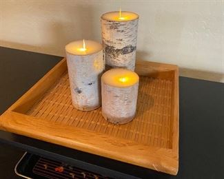 3 candle in wood tray decor	